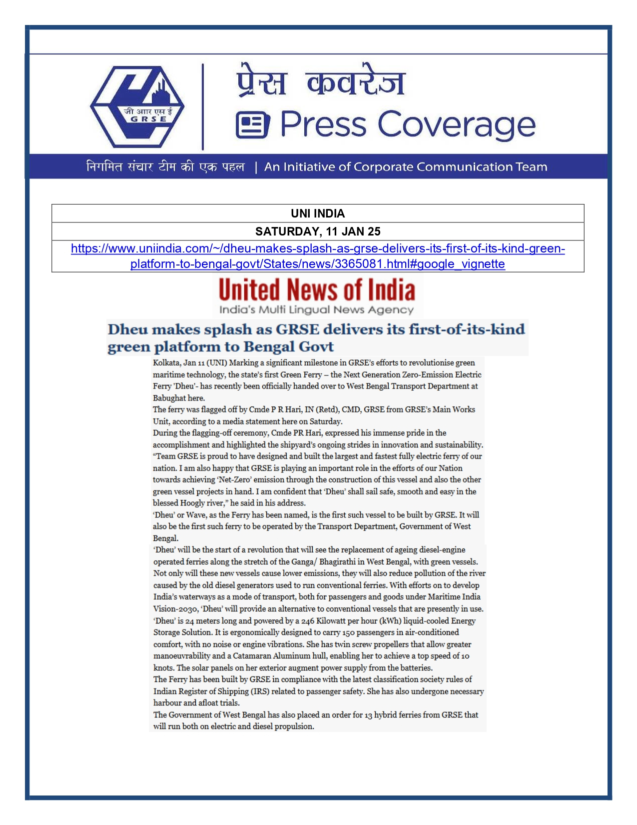 Press Coverage : United News of India, 11 Jan 25: Dheu makes a splash as GRSE delivers its first-of-its-kind green platform to Bengal Govt